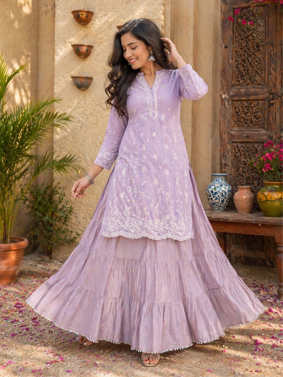 Tiered Cotton Lavender Lolita Indian Skirt
