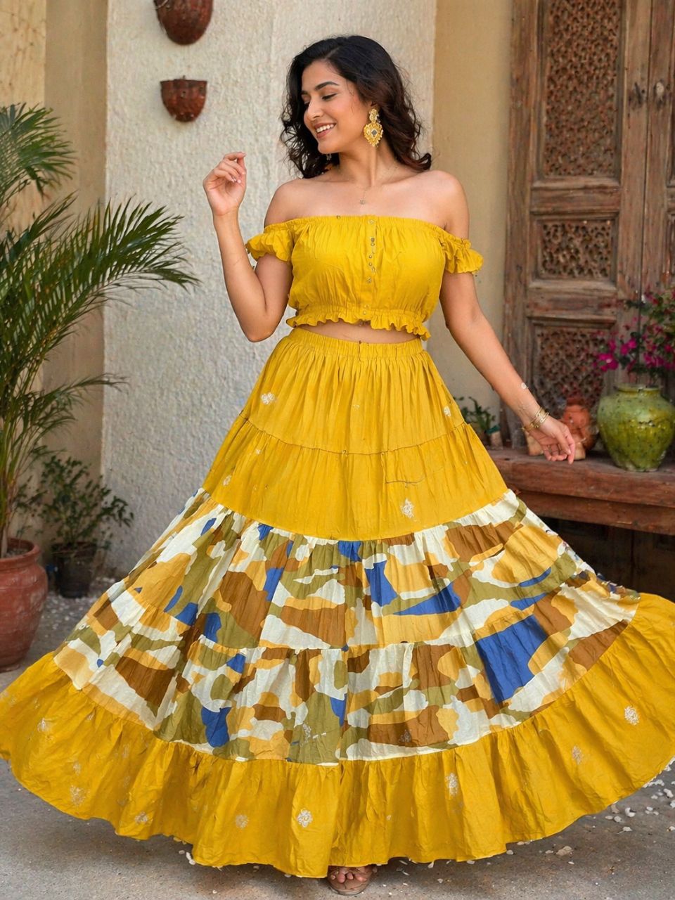 Tiered Cotton Mustard Yellow Shreya Indian Skirt