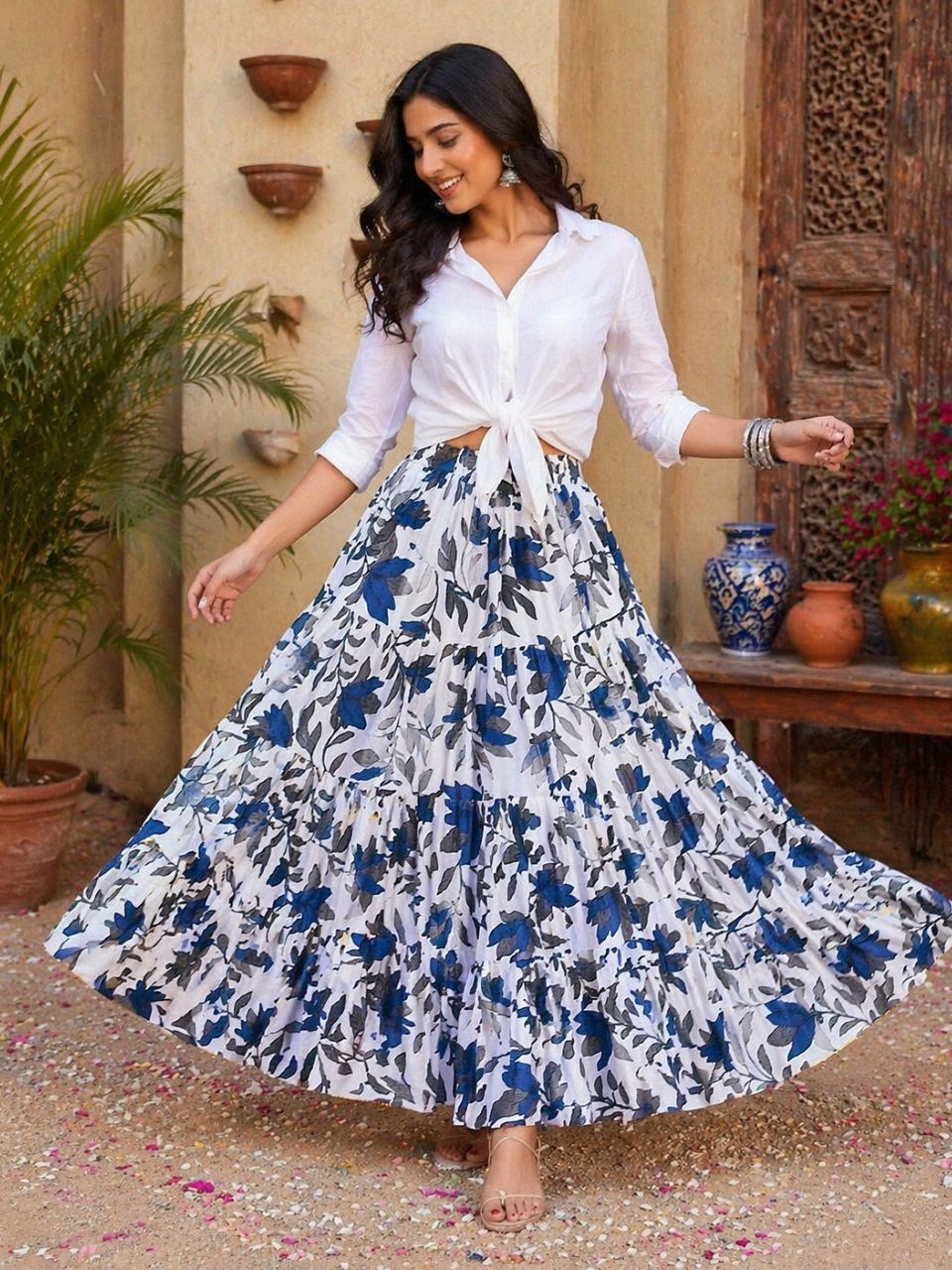 Tiered Cotton White Blue Krisha Indian Skirt