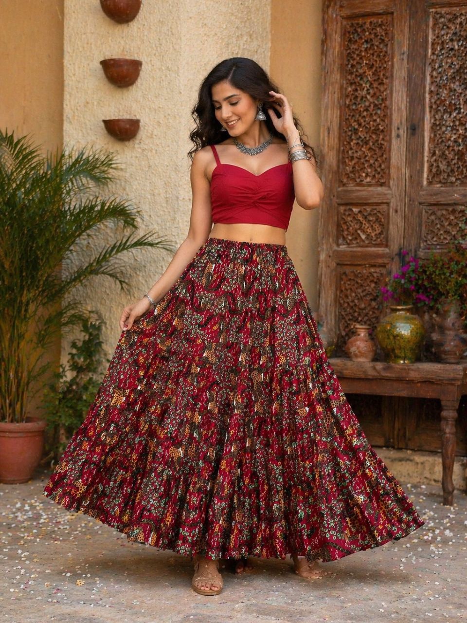 Tiered Cotton Multiclour risha Indian Skirt
