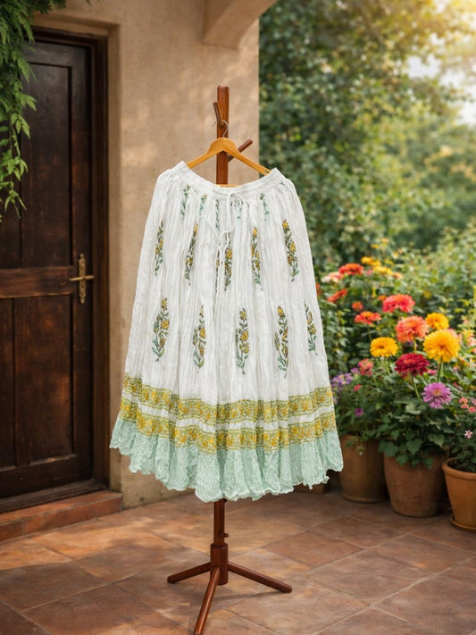 Mulmul Block Print White Hiya Indian Skirt