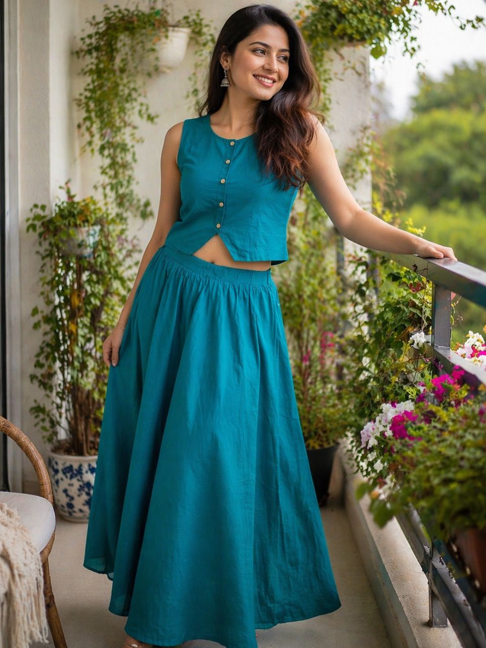 Chic Blue Zoya Cambric Cotton Skirt Set