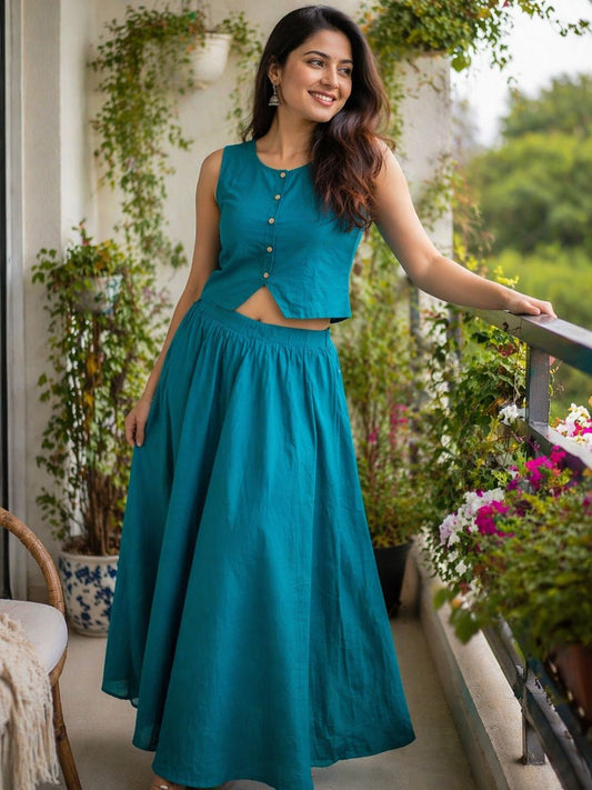 Chic Blue Zoya Cambric Cotton Skirt Set