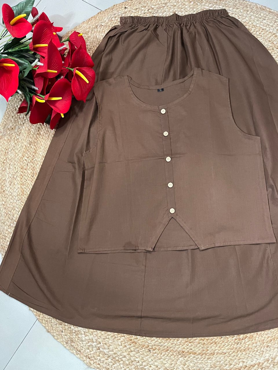 Chic Brown Zoony Cambric Cotton Skirt Set