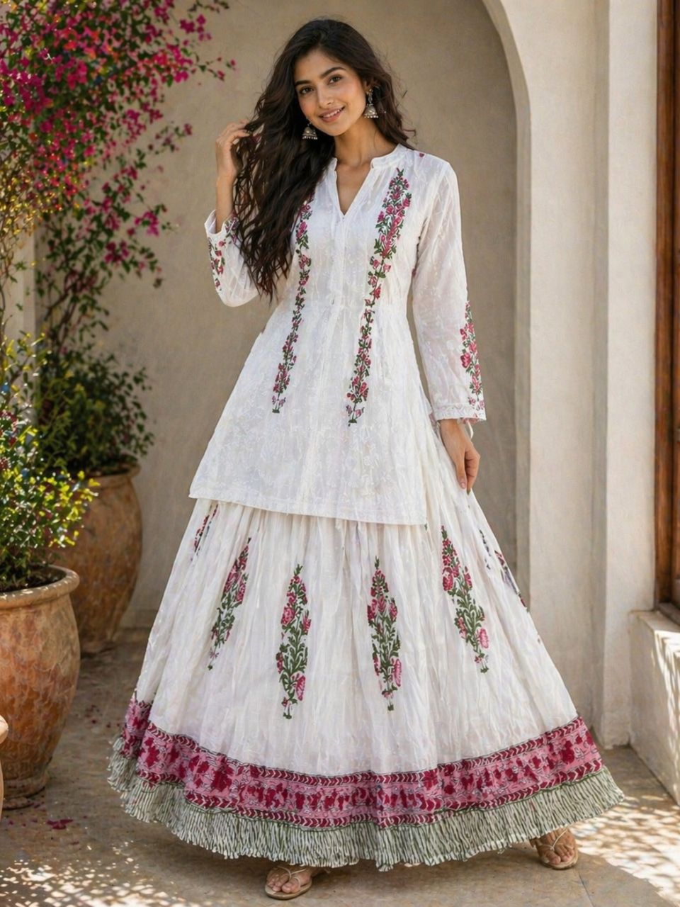 Mulmul Block Print White Sitara Indian Skirt