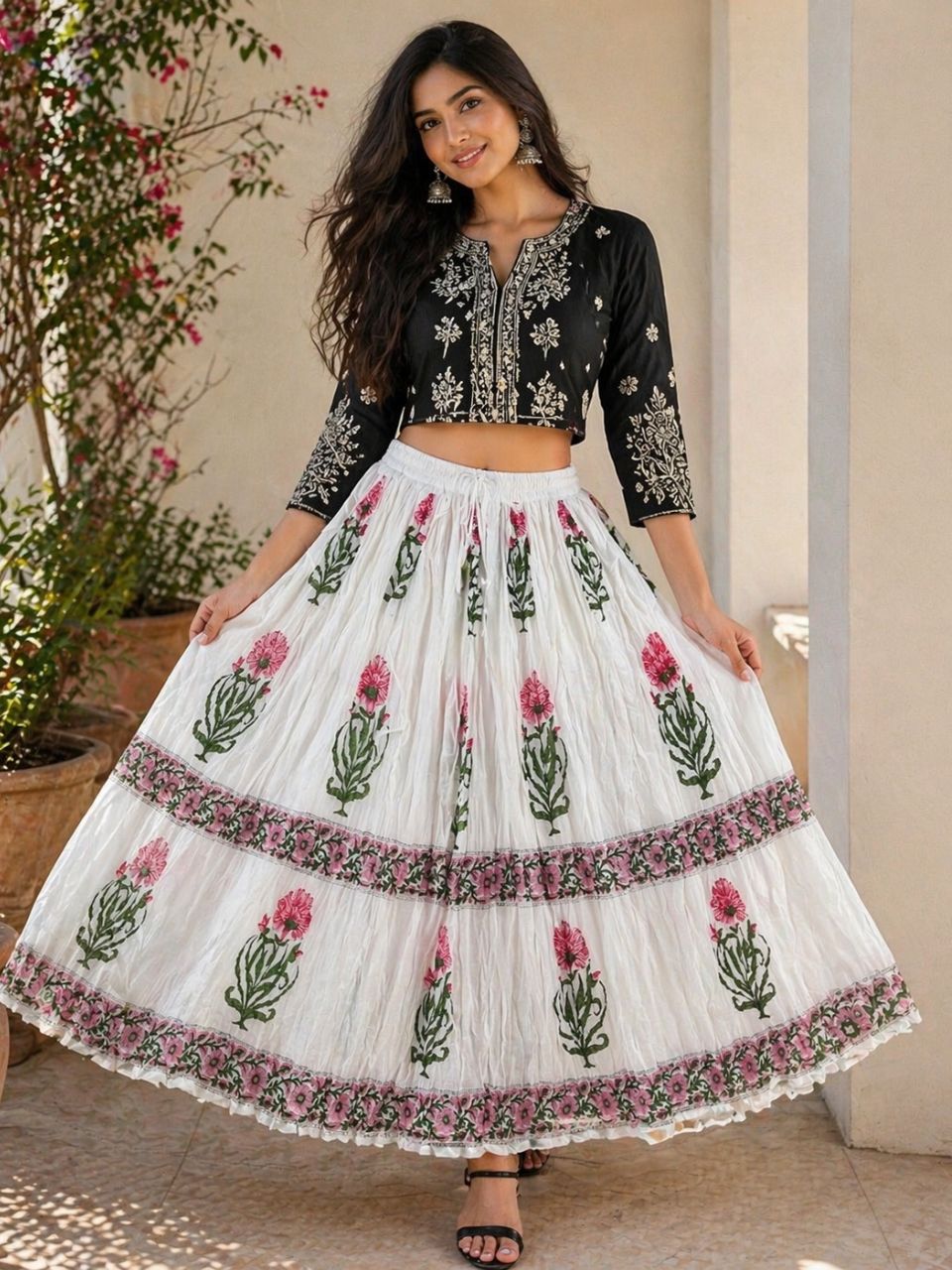 Mulmul Block Print White Oorja Indian Skirt