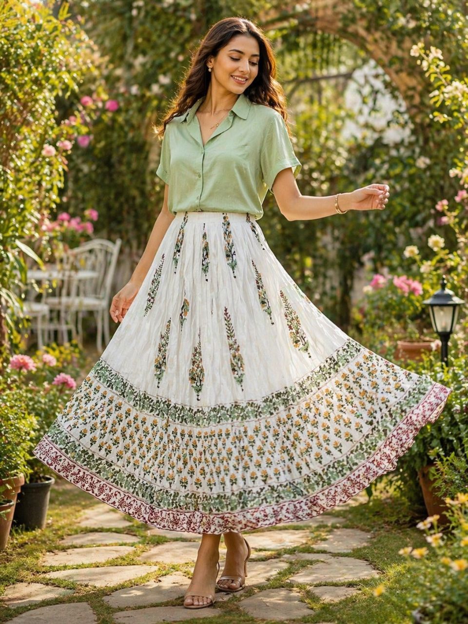 Mulmul Block Print White Kanchi Indian Skirt