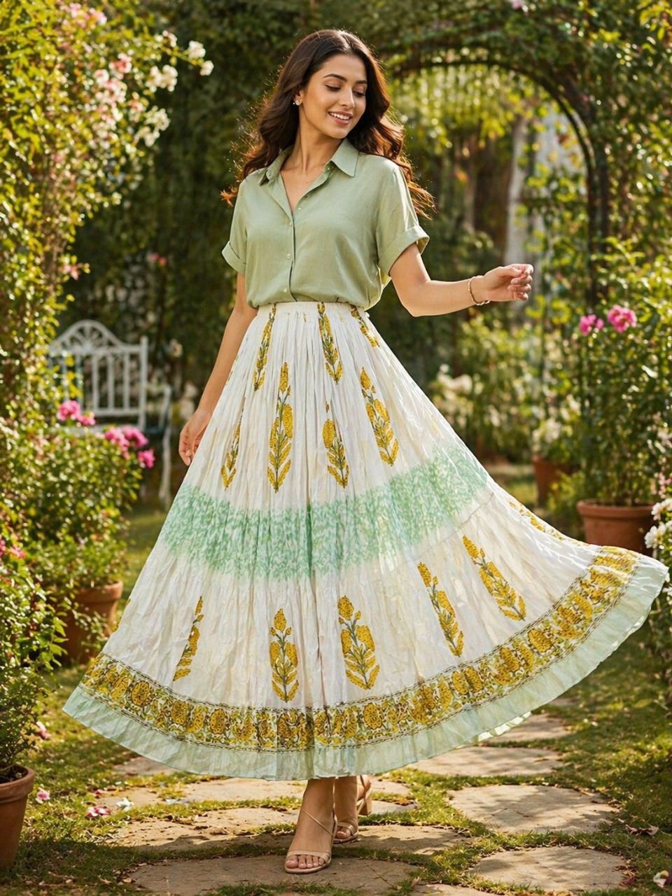 Mulmul Block Print White Kashvi Indian Skirt