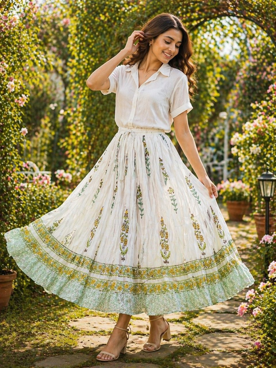 Mulmul Block Print White Hiya Indian Skirt