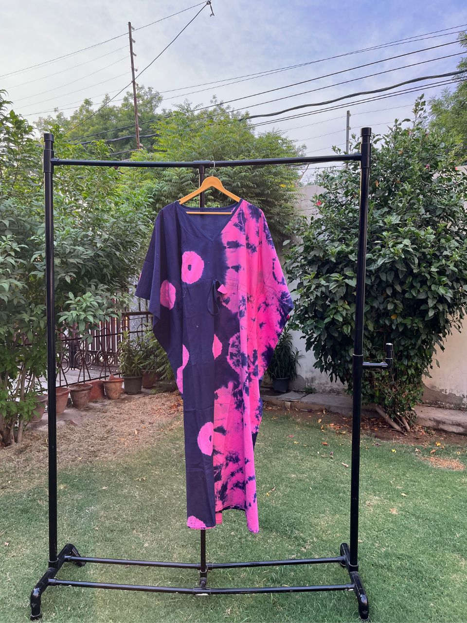 Block Print Pink Navy Blue Mahi Cotton Kaftan