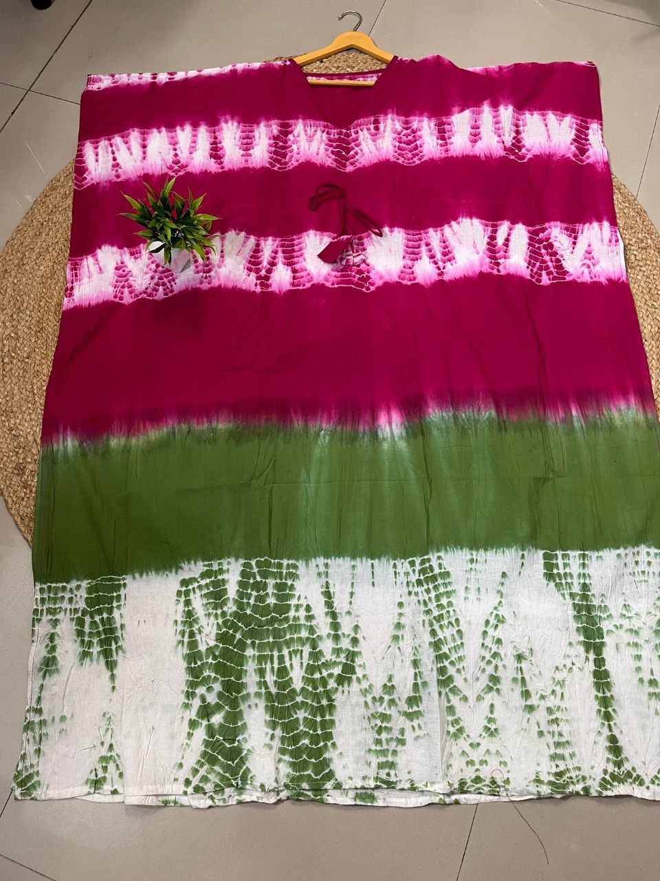 Block Print Fuchsia Green Sona Cotton Kaftan