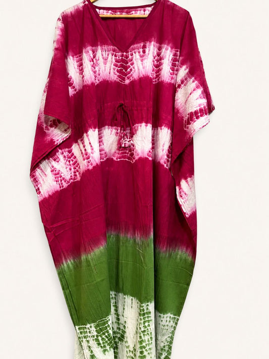 Block Print Fuchsia Green Sona Cotton Kaftan