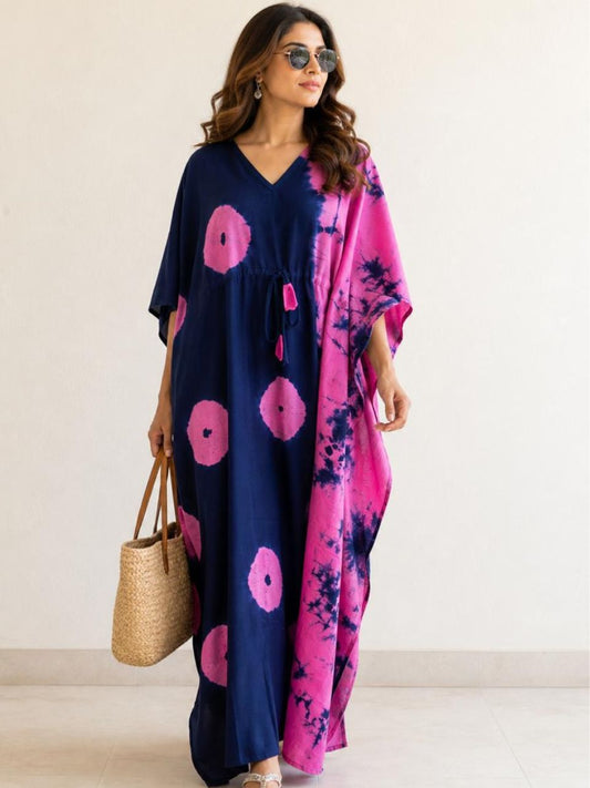 Block Print Pink Navy Blue Mahi Cotton Kaftan