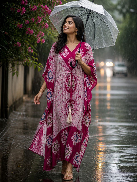 Block Print Pink Lily Cotton Kaftan
