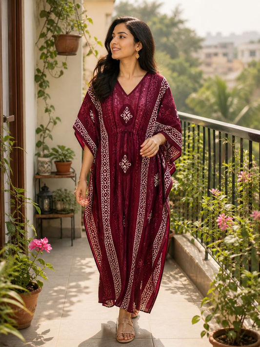 Block Print Red Zenny Cotton Kaftan