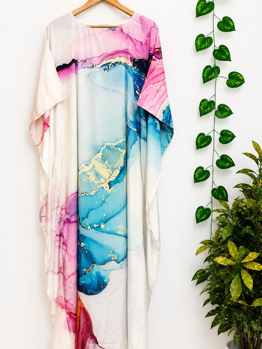 Digital Print Pink Blue Sheeba Silk Kaftan