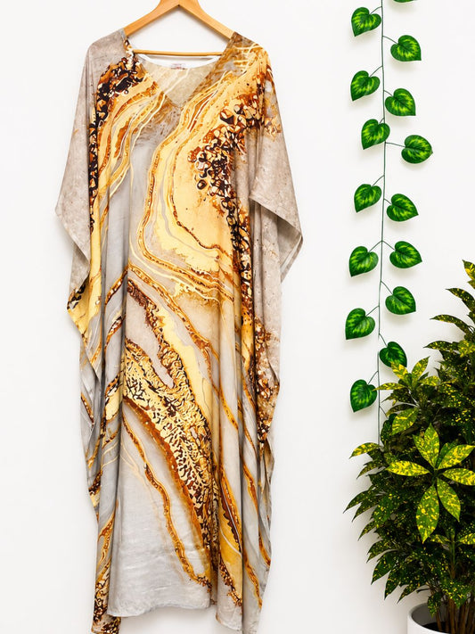 Digital Print Beige Raveena Silk Kaftan