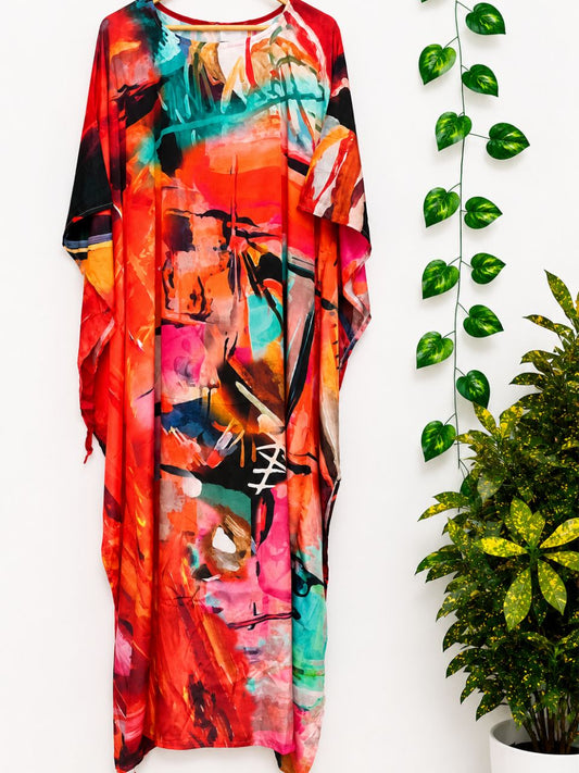 Digital Print Red Richa Silk Kaftan