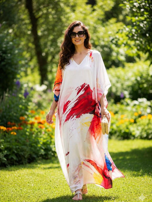 Digital Print White Reeva Silk Kaftan
