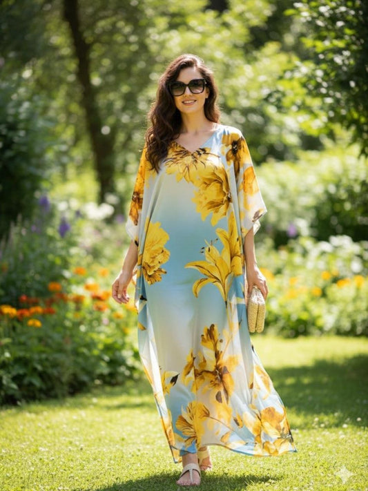Digital Print Yellow Jery Silk Kaftan
