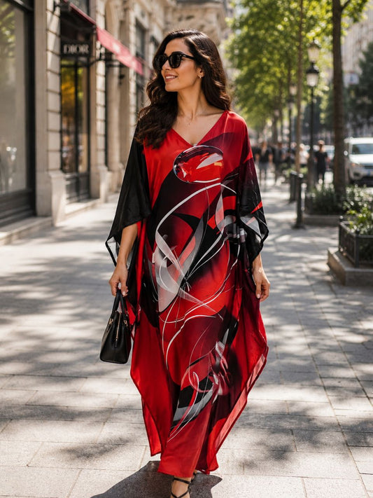 Digital Print Red Black Tani Silk Kaftan