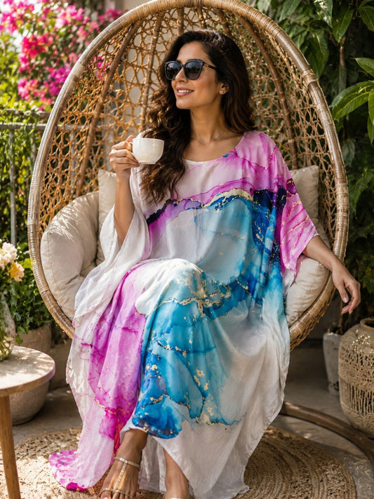 Digital Print Pink Blue Sheeba Silk Kaftan