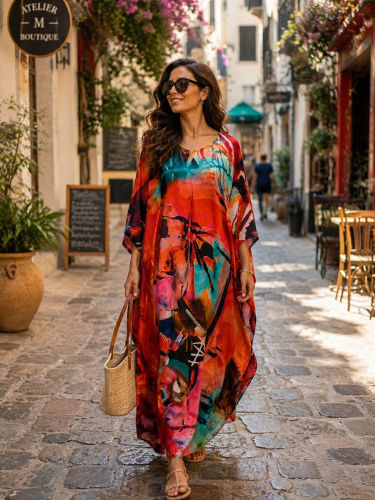 Digital Print Red Richa Silk Kaftan
