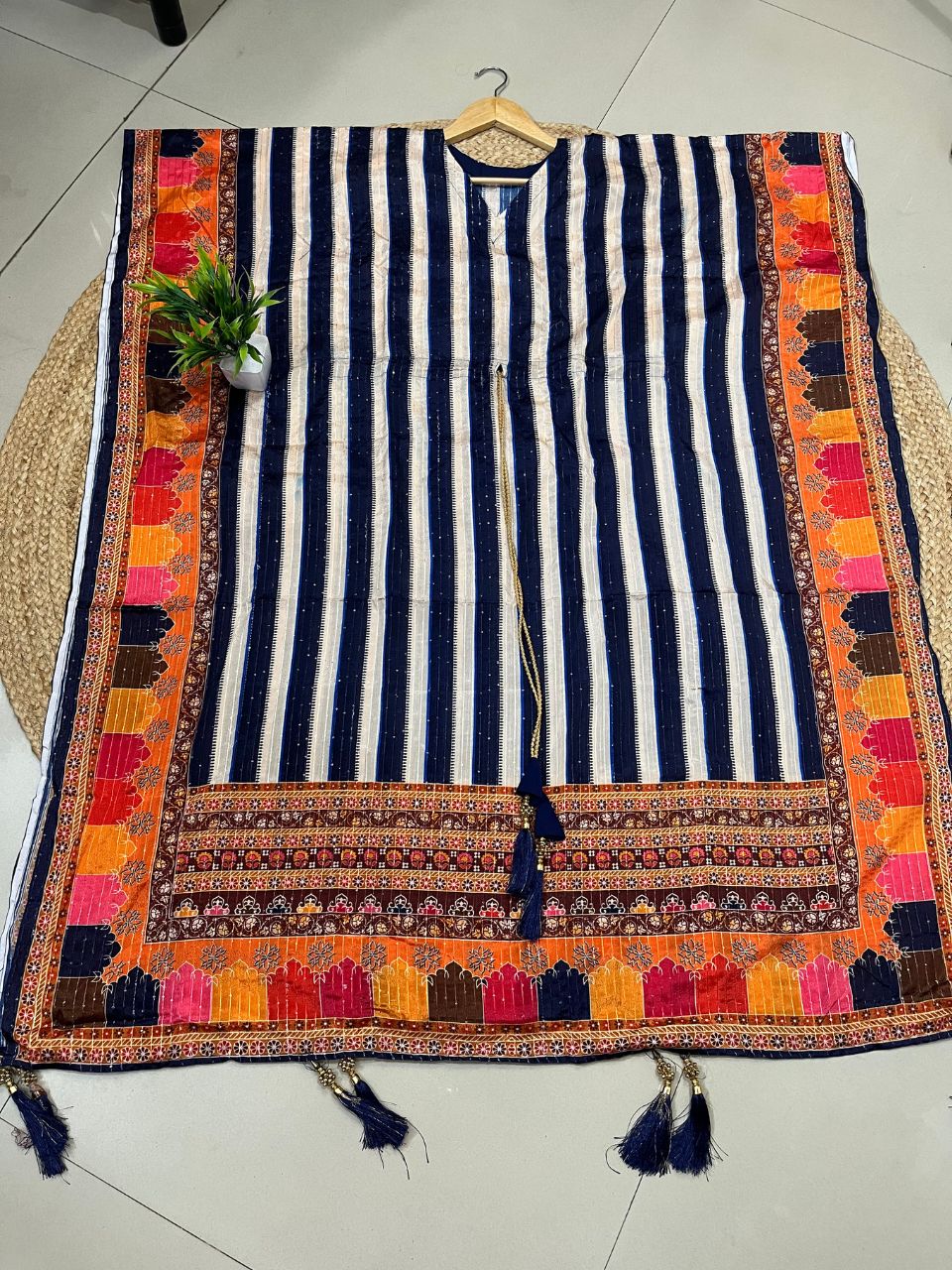 Digital Print Blue Stripes Koki Chinon Kaftan