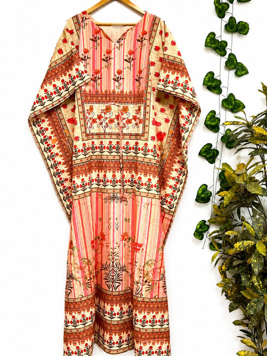 Digital Print Silk Orange Creamy Kaftan