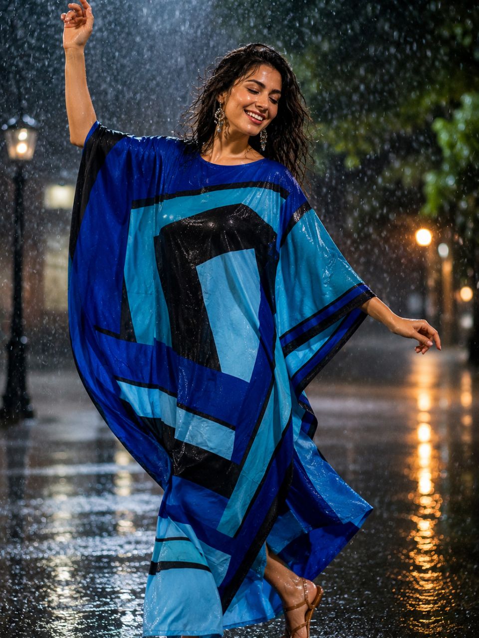 Digital Print Dora Blue Silk Kaftan