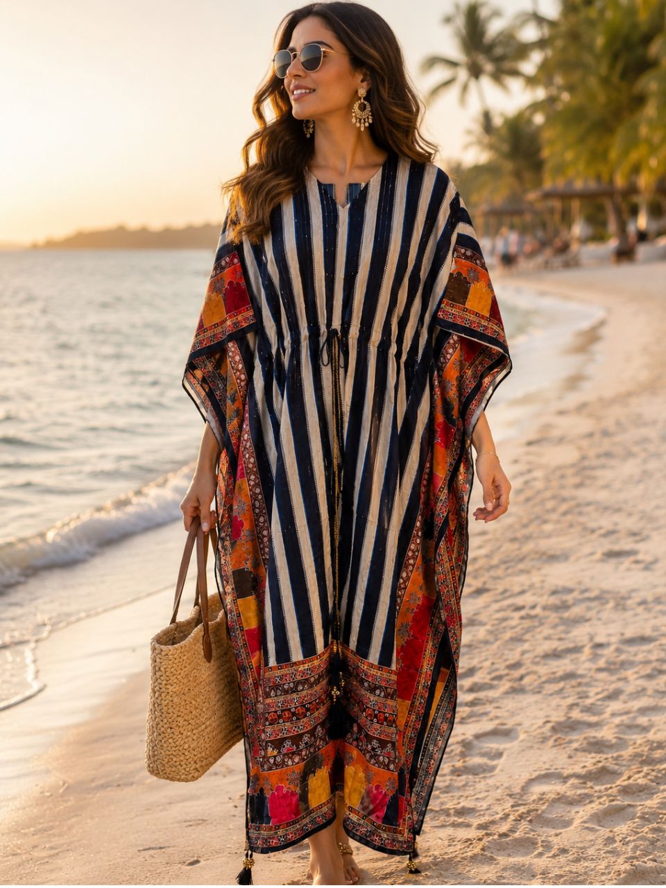 Digital Print Blue Stripes Koki Chinon Kaftan