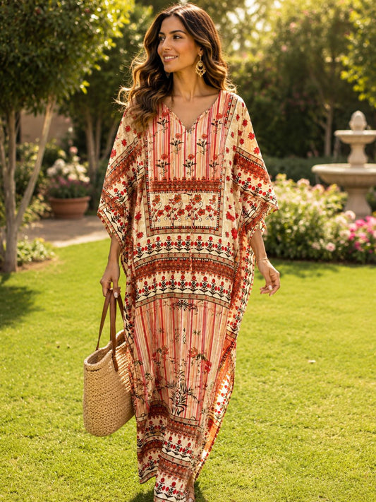 Digital Print Silk Orange Creamy Kaftan