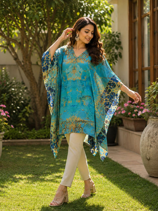 Digital Print Blue Georgette Kurti Kaftan