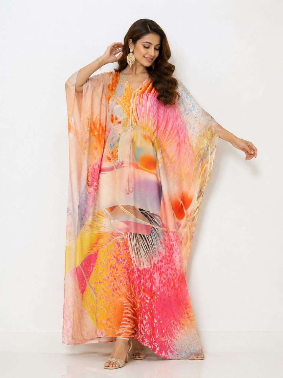 Digital Print Pink Poorva Silk Kaftan