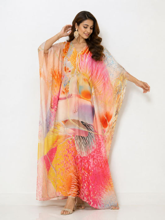 Digital Print Pink Poorva Silk Kaftan