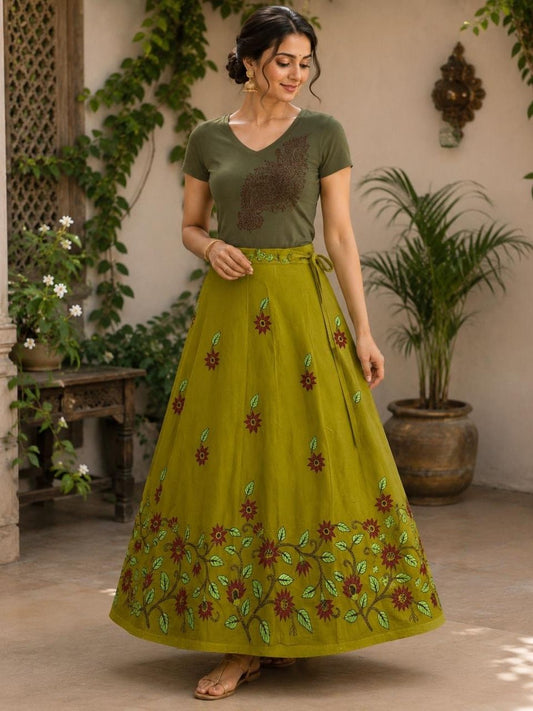 Kantha Mehandi Green Yuvika  Kantha Wrap Skirt