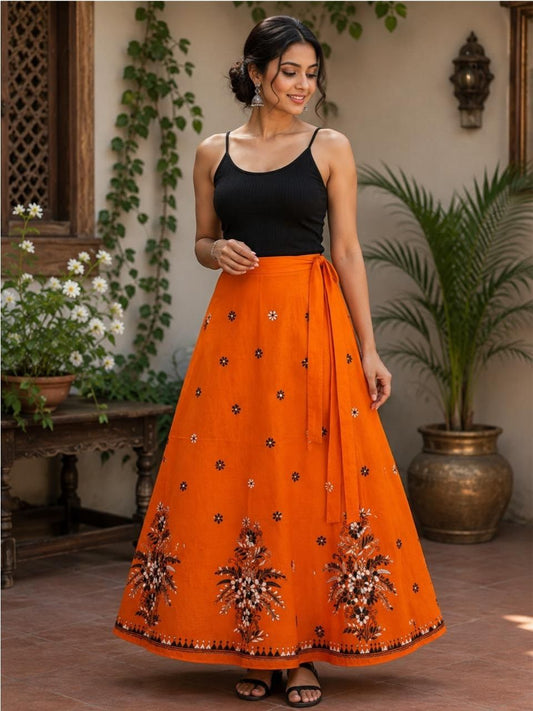 Kantha Orange Olly Wrap Indian Skirt