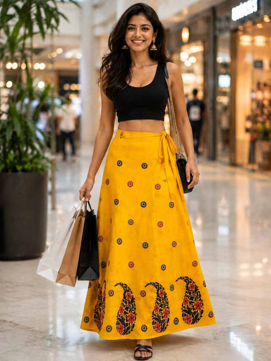 Kantha Yellow Yana Wrap Indian Skirt