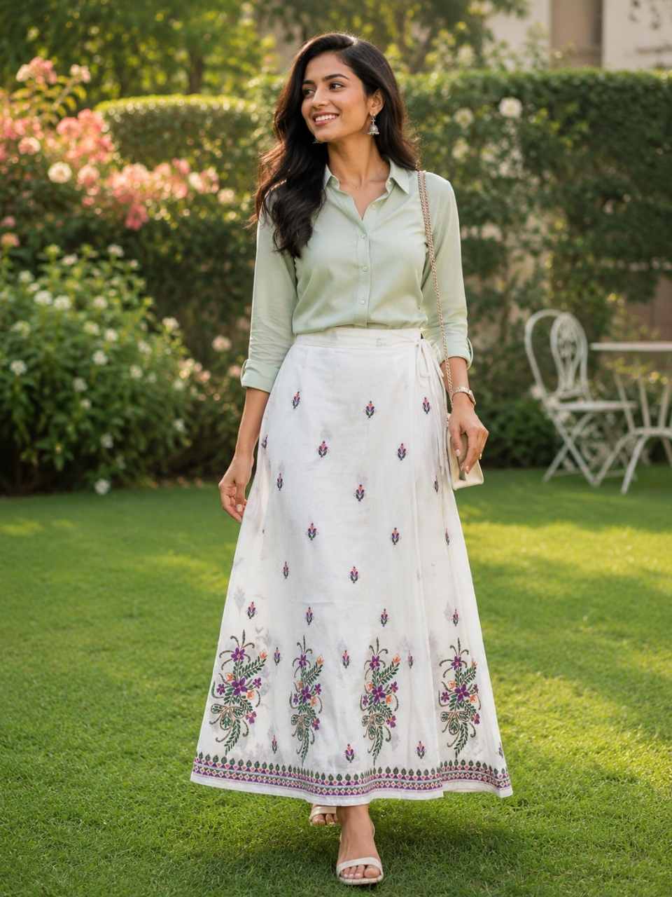 Kantha White Kanu Wrap Indian Skirt