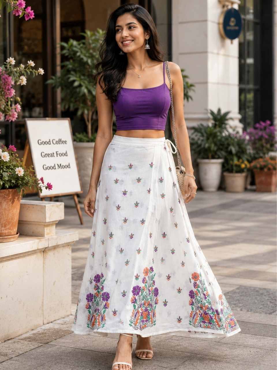 Kantha White Ganga Wrap Indian Skirt