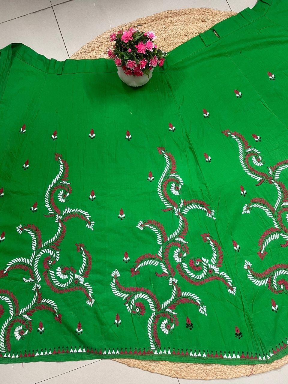 Kantha Green Gauri Wrap Indian Skirt