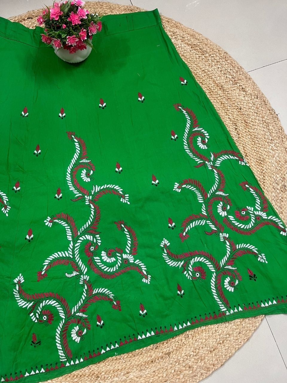 Kantha Green Gauri Wrap Indian Skirt