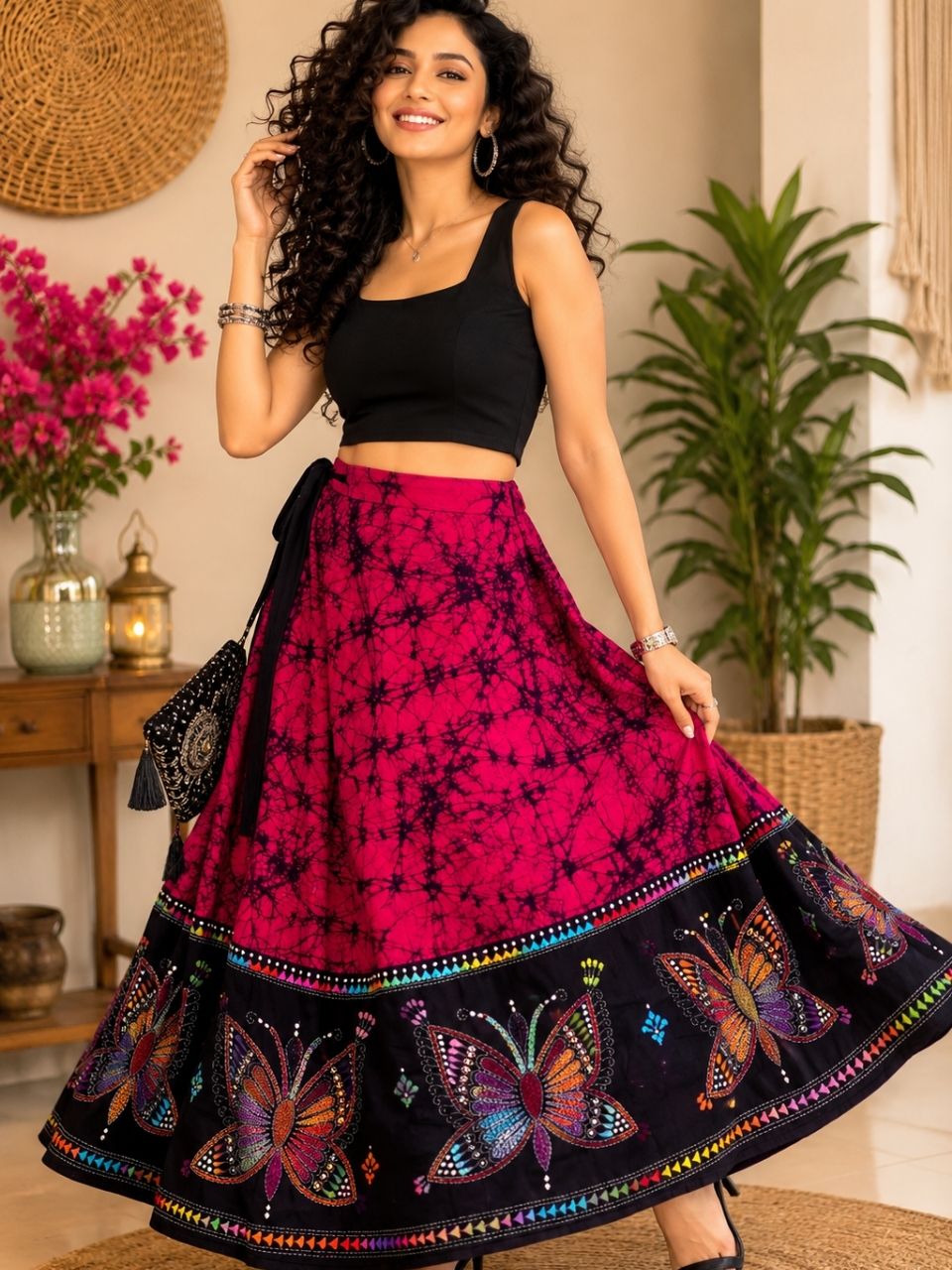 Kantha Fuchsia Arin Batik Cotton Wrap Indian Skirt