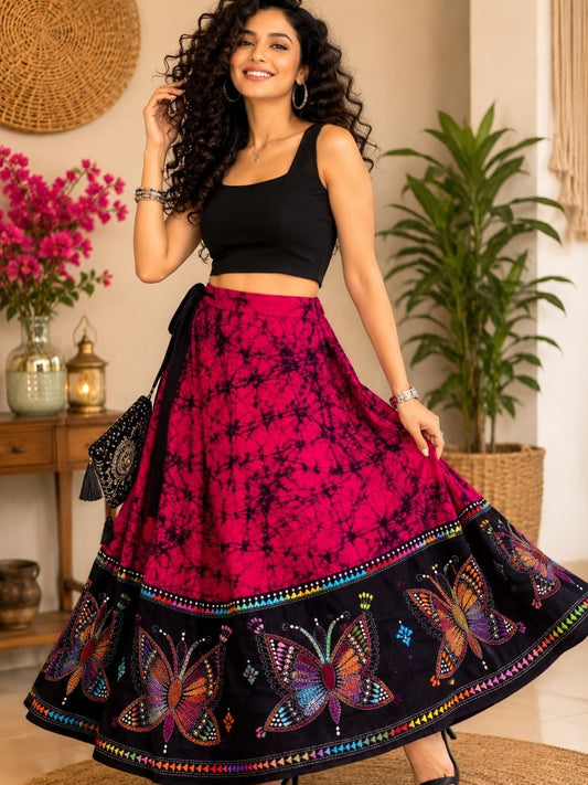 Kantha Fuchsia Arin Batik Cotton Wrap Indian Skirt