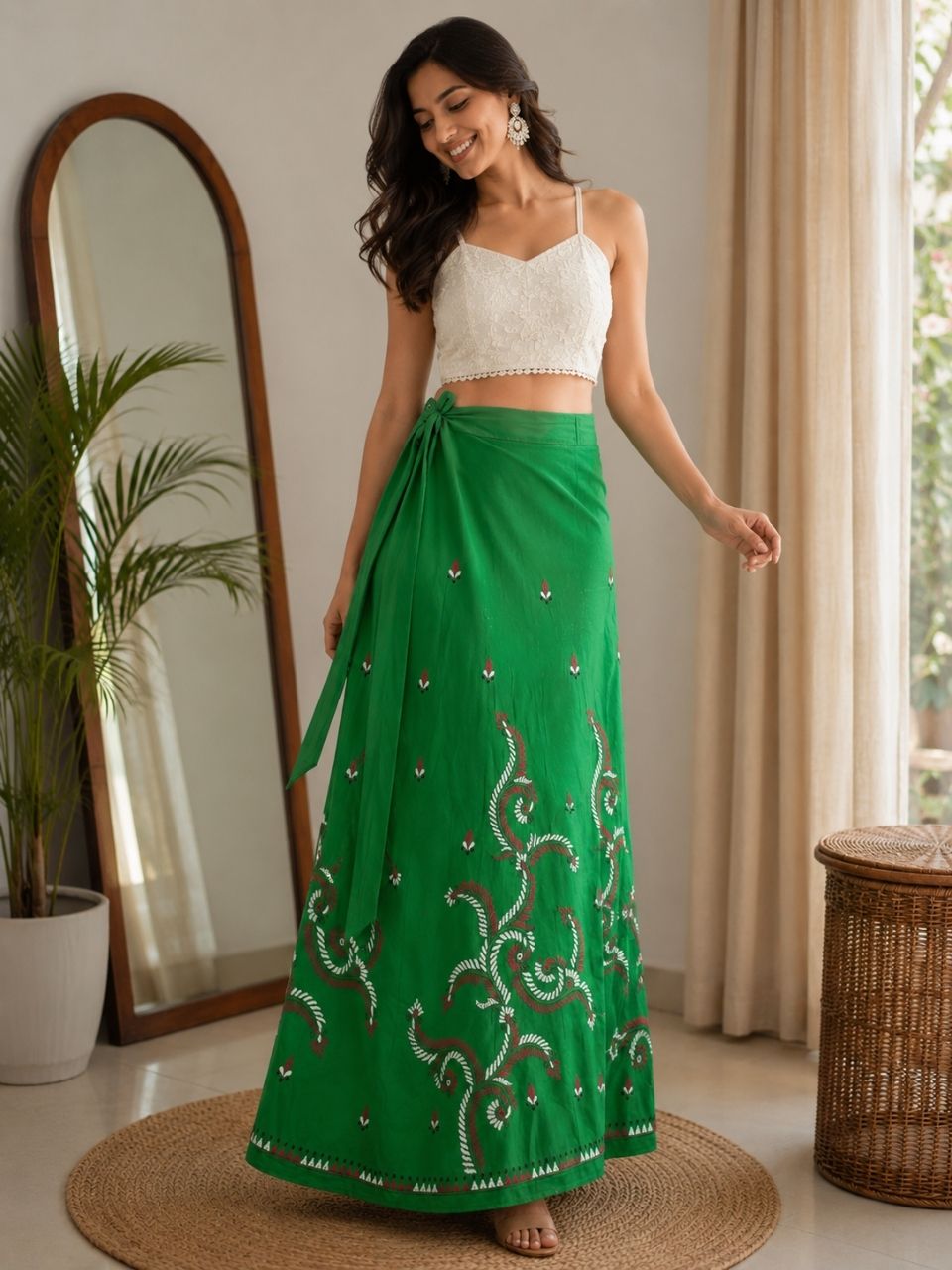 Kantha Green Gauri Wrap Indian Skirt