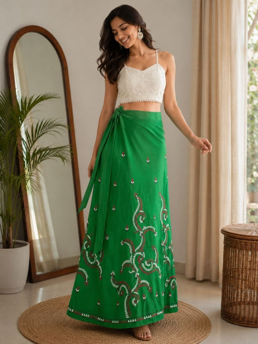 Kantha Green Gauri Wrap Indian Skirt