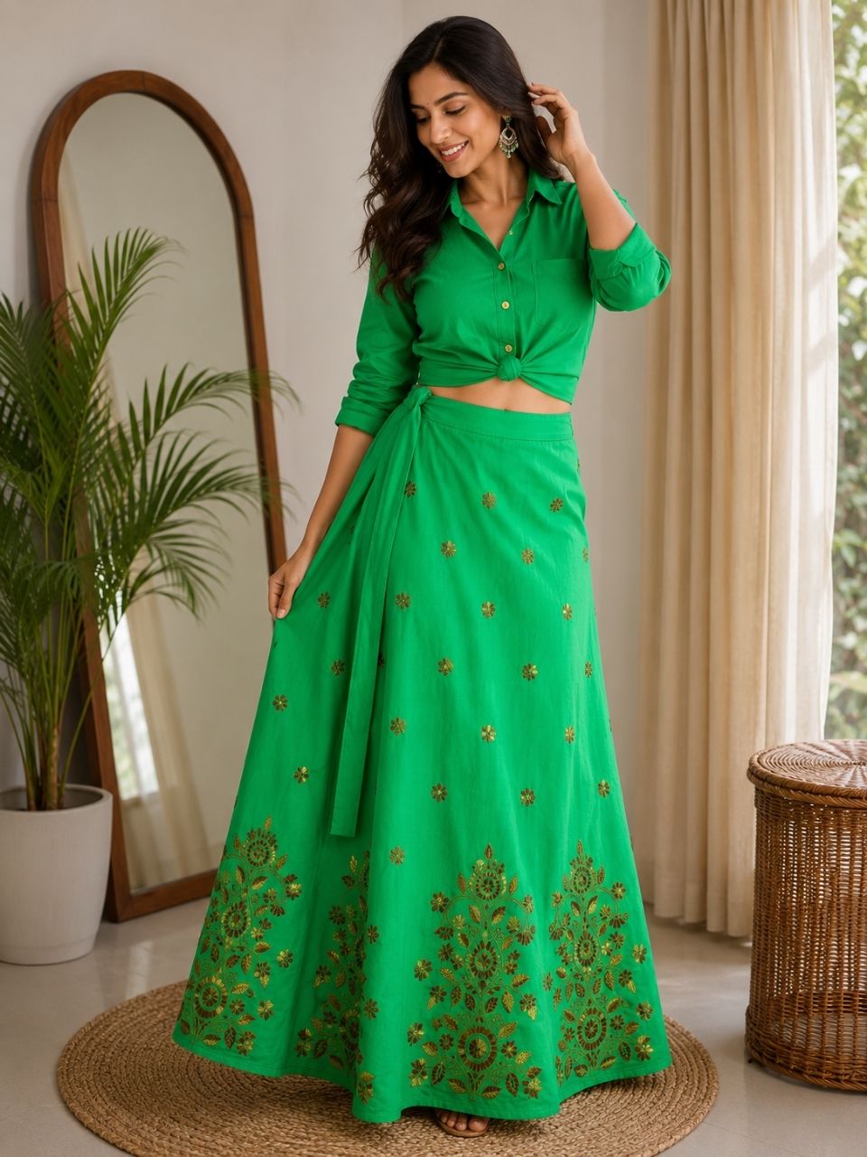 Kantha Green Gargi Wrap Indian Skirt