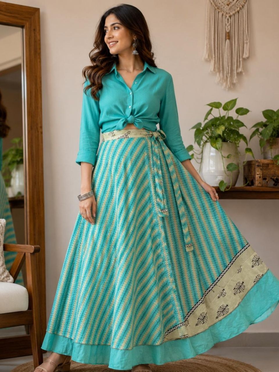 Bohemian Silky Turquoise Wrap Silk Skirt