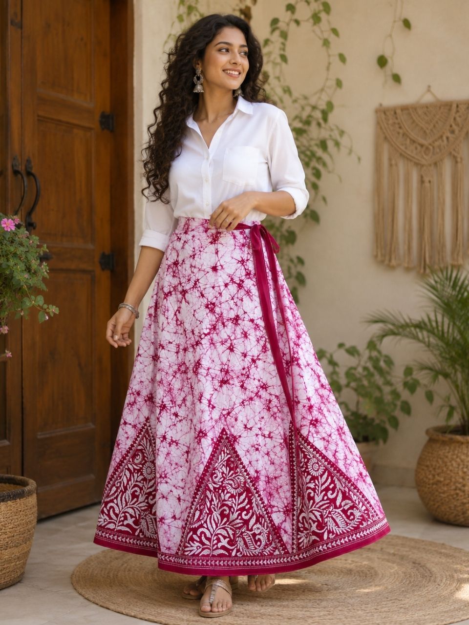 Kantha White Pink zini Batik Cotton Wrap Indian Skirt