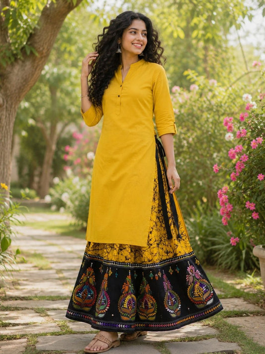 Kantha Yellow Aru Batik Cotton Wrap Indian Skirt